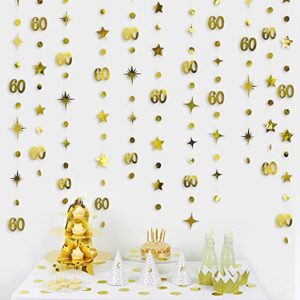 Gold 60th Birthday Decorations Number 60 Circle Dot Twinkle Star Garland Metallic Hanging Streamer Bunting Banner Backdrop for 60 Year Old Happy Birthday 60th Anniversary Sixty Party Supplies