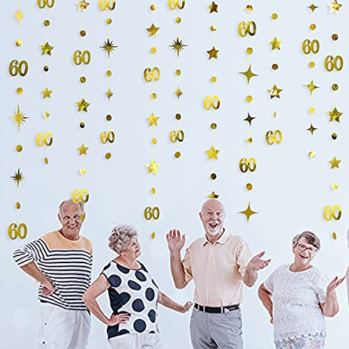 Gold 60th Birthday Decorations Number 60 Circle Dot Twinkle Star Garland Metallic Hanging Streamer Bunting Banner Backdrop for 60 Year Old Happy Birthday 60th Anniversary Sixty Party Supplies