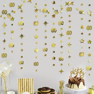 Gold 60th Birthday Decorations Number 60 Circle Dot Twinkle Star Garland Metallic Hanging Streamer Bunting Banner Backdrop for 60 Year Old Happy Birthday 60th Anniversary Sixty Party Supplies