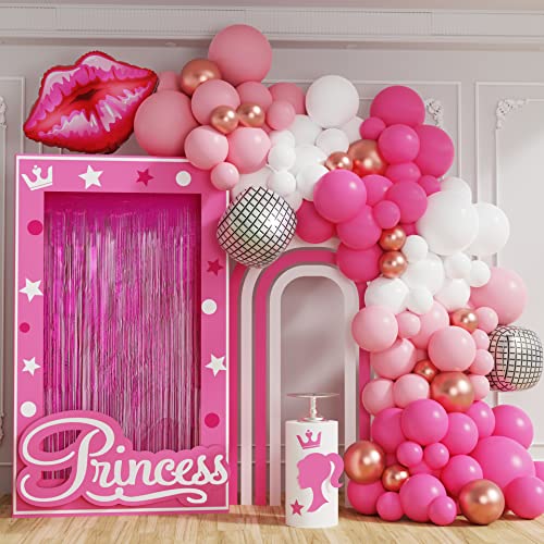 Pink Balloon Garland Arch Kit Hot Pink Rose Gold Chrome Balloon with Heart Lip Silver Disco Ball Balloon for Girls Birthday Princess Theme Party Background Bridal Shower Barbie Baby Shower Decorations