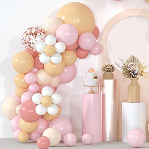 Boho Daisy Balloon Garland Retro Dusty Pink Blush Nude Light Pink Pastel Orange White Balloons Rose Gold Confetti Balloon Arch Kit for Baby Shower Wedding Birthday Party Decorations