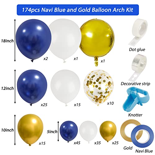 Holicolor 174pcs Navy Blue Gold Balloons Garland Arch Kit, Metallic Gold Latex White Confetti Mixed Sizes Balloons Foil Balloons for Baby Shower Birthday Party Wedding Graduation Decoration