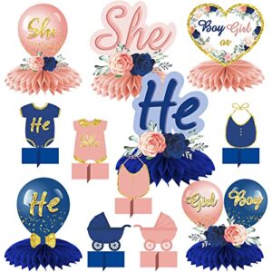12 pieces gender reveal decorations honeycomb centerpieces boy or girl table toppers, he or she gender reveal theme honeycomb party supplies, navy blush pregnancy announcement baby shower party décor