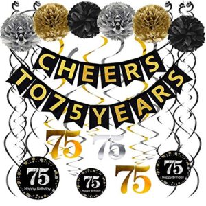 famoby 75th birthday party decorations set- gold glittery cheers to 75 years banner,poms,12pcs sparkling 75 hanging swirls for 75th birthday decorations 75 years old party supplies