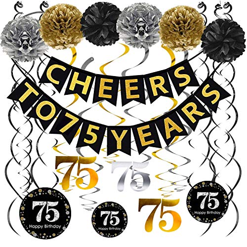 Famoby 75th Birthday Party Decorations Set- Gold Glittery Cheers to 75 Years Banner,Poms,12Pcs Sparkling 75 Hanging Swirls for 75th Birthday Decorations 75 Years Old Party Supplies