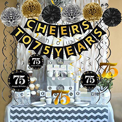 Famoby 75th Birthday Party Decorations Set- Gold Glittery Cheers to 75 Years Banner,Poms,12Pcs Sparkling 75 Hanging Swirls for 75th Birthday Decorations 75 Years Old Party Supplies