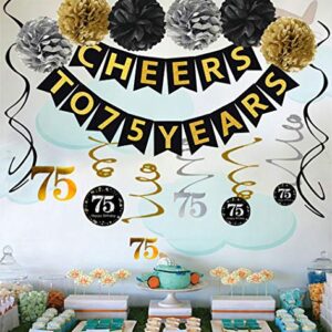 Famoby 75th Birthday Party Decorations Set- Gold Glittery Cheers to 75 Years Banner,Poms,12Pcs Sparkling 75 Hanging Swirls for 75th Birthday Decorations 75 Years Old Party Supplies