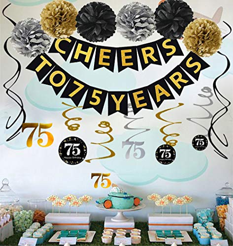 Famoby 75th Birthday Party Decorations Set- Gold Glittery Cheers to 75 Years Banner,Poms,12Pcs Sparkling 75 Hanging Swirls for 75th Birthday Decorations 75 Years Old Party Supplies