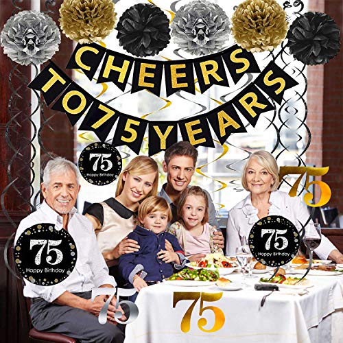 Famoby 75th Birthday Party Decorations Set- Gold Glittery Cheers to 75 Years Banner,Poms,12Pcs Sparkling 75 Hanging Swirls for 75th Birthday Decorations 75 Years Old Party Supplies