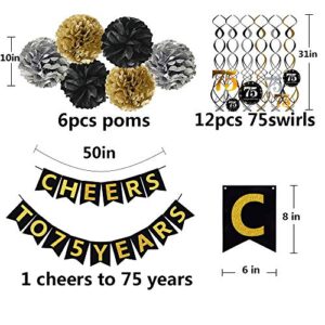 Famoby 75th Birthday Party Decorations Set- Gold Glittery Cheers to 75 Years Banner,Poms,12Pcs Sparkling 75 Hanging Swirls for 75th Birthday Decorations 75 Years Old Party Supplies