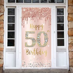 Happy 50th Birthday Door Banner Decorations for Women, Pink Rose Gold 50 Birthday Party Door Cover Sign Backdrop Supplies, Fifty Year Old Birthday Poster Background Photo Booth Props Decor