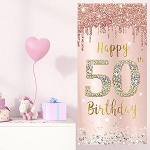 Happy 50th Birthday Door Banner Decorations for Women, Pink Rose Gold 50 Birthday Party Door Cover Sign Backdrop Supplies, Fifty Year Old Birthday Poster Background Photo Booth Props Decor