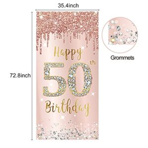 Happy 50th Birthday Door Banner Decorations for Women, Pink Rose Gold 50 Birthday Party Door Cover Sign Backdrop Supplies, Fifty Year Old Birthday Poster Background Photo Booth Props Decor