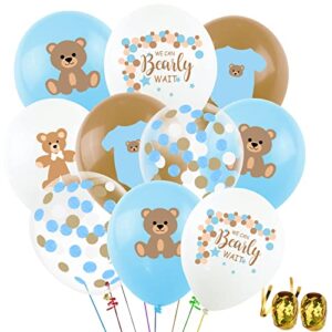 45pcs blue bear baby shower party balloons, 12″ latex printed we can bearly wait brown creamy bear balloon decor for it’s a boy gender reveal kid birthday wedding photo prop party decorations supplies