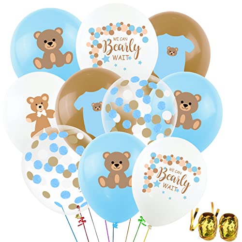 45Pcs Blue Bear Baby Shower Party Balloons, 12" Latex Printed We Can Bearly Wait Brown Creamy Bear Balloon Decor for It's A Boy Gender Reveal Kid Birthday Wedding Photo Prop Party Decorations Supplies