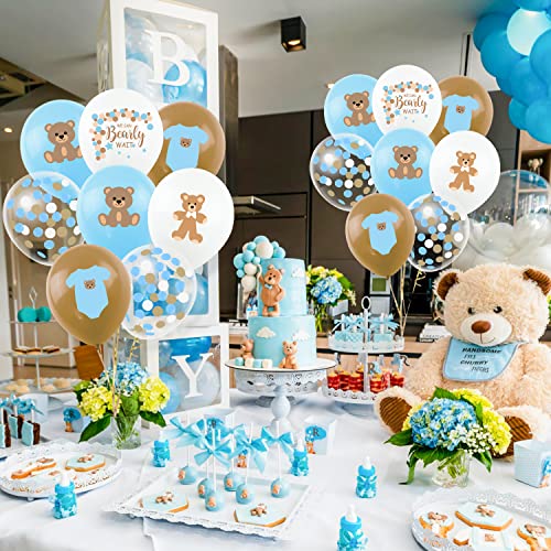 45Pcs Blue Bear Baby Shower Party Balloons, 12" Latex Printed We Can Bearly Wait Brown Creamy Bear Balloon Decor for It's A Boy Gender Reveal Kid Birthday Wedding Photo Prop Party Decorations Supplies