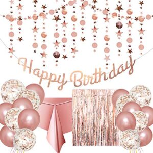 Rose Gold Birthday Party Decoration - Happy Birthday Banner, Glitter Circle Dot Garland Streamer, Rose Gold Fringe Curtain, Foil Tablecloth, Rose Gold Balloons, for Women Girl Birthday Party