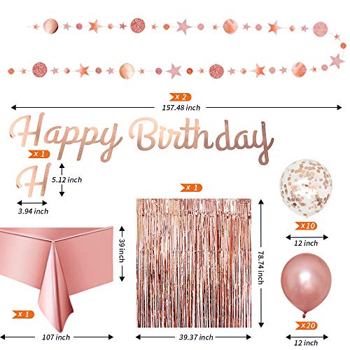 Rose Gold Birthday Party Decoration - Happy Birthday Banner, Glitter Circle Dot Garland Streamer, Rose Gold Fringe Curtain, Foil Tablecloth, Rose Gold Balloons, for Women Girl Birthday Party