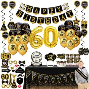 60th birthday decorations for men women - (76pack) black gold party Banner, Pennant, Hanging Swirl, birthday balloons, Tablecloths, cupcake Topper, Crown, plates, Photo Props, Sash for gifts
