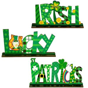 sggvecsy 3 pcs st patricks day decorations lucky irish wooden table sign tabletop centerpiece signs with gnome coins shamrock rainbow buffalo plaid table ornaments for home desk window indoor decor