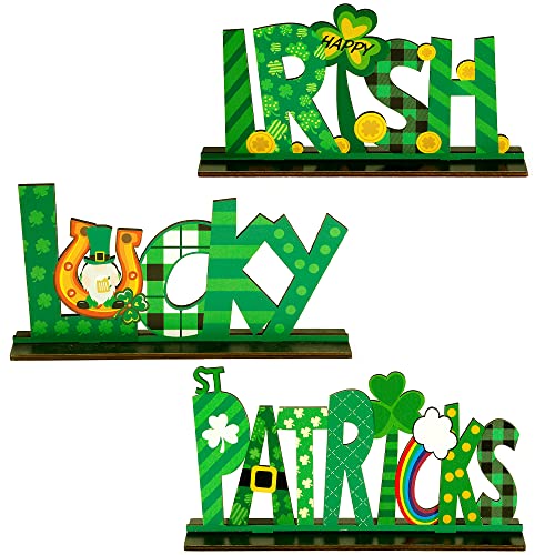 Sggvecsy 3 Pcs St Patricks Day Decorations Lucky Irish Wooden Table Sign Tabletop Centerpiece Signs with Gnome Coins Shamrock Rainbow Buffalo Plaid Table Ornaments for Home Desk Window Indoor Decor