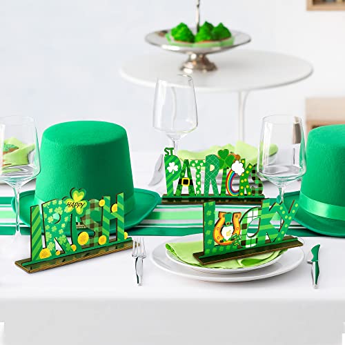 Sggvecsy 3 Pcs St Patricks Day Decorations Lucky Irish Wooden Table Sign Tabletop Centerpiece Signs with Gnome Coins Shamrock Rainbow Buffalo Plaid Table Ornaments for Home Desk Window Indoor Decor