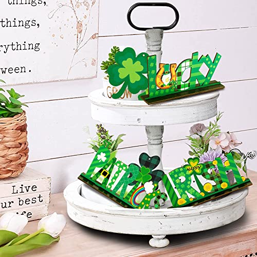 Sggvecsy 3 Pcs St Patricks Day Decorations Lucky Irish Wooden Table Sign Tabletop Centerpiece Signs with Gnome Coins Shamrock Rainbow Buffalo Plaid Table Ornaments for Home Desk Window Indoor Decor