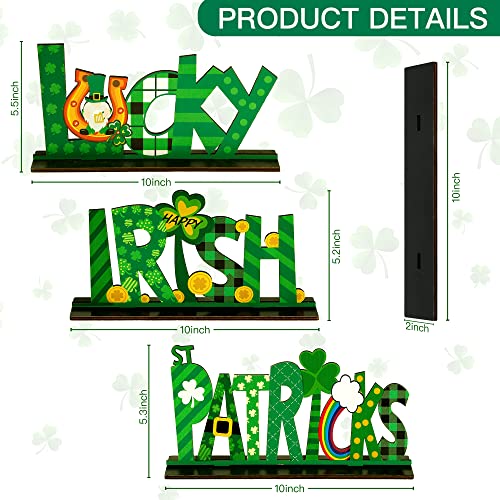 Sggvecsy 3 Pcs St Patricks Day Decorations Lucky Irish Wooden Table Sign Tabletop Centerpiece Signs with Gnome Coins Shamrock Rainbow Buffalo Plaid Table Ornaments for Home Desk Window Indoor Decor