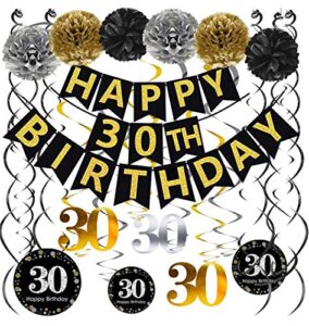 famoby black & gold glittery happy 30th birthday banner,poms,sparkling 30 hanging swirls kit for 30th birthday party 30th anniversary decorations supplies
