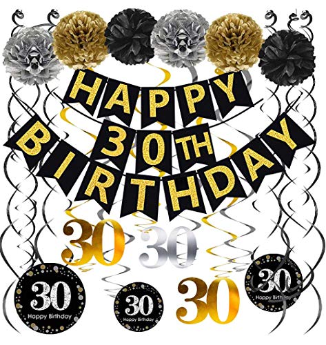 Famoby Black & Gold Glittery Happy 30th Birthday Banner,Poms,Sparkling 30 Hanging Swirls Kit for 30th Birthday Party 30th Anniversary Decorations Supplies