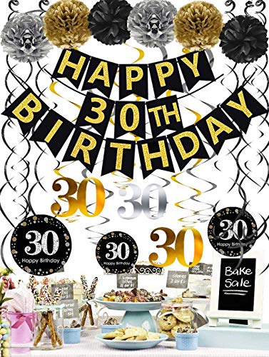 Famoby Black & Gold Glittery Happy 30th Birthday Banner,Poms,Sparkling 30 Hanging Swirls Kit for 30th Birthday Party 30th Anniversary Decorations Supplies