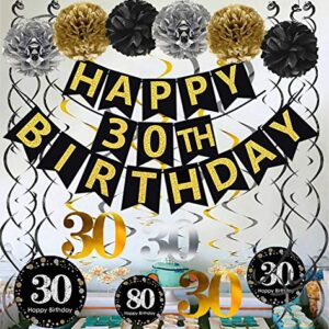 Famoby Black & Gold Glittery Happy 30th Birthday Banner,Poms,Sparkling 30 Hanging Swirls Kit for 30th Birthday Party 30th Anniversary Decorations Supplies