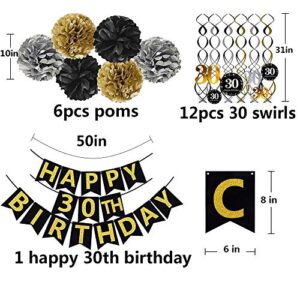 Famoby Black & Gold Glittery Happy 30th Birthday Banner,Poms,Sparkling 30 Hanging Swirls Kit for 30th Birthday Party 30th Anniversary Decorations Supplies