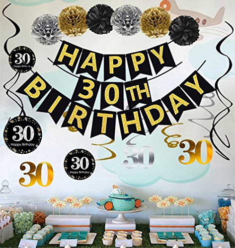 Famoby Black & Gold Glittery Happy 30th Birthday Banner,Poms,Sparkling 30 Hanging Swirls Kit for 30th Birthday Party 30th Anniversary Decorations Supplies