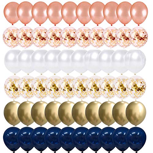 68 Pack Navy Blue Rose Gold Confetti Latex Balloons, 12 inch Birthday Balloons with 65 Feet balloon Ribbon for Birthday Party Wedding Graduation Bridal Shower Decorations