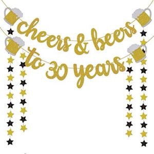30th birthday decorations for him/her – 30th birthday gifts – cheers & beers to 30 years gold glitter banner – 30th anniversary decorations for party, 30th wedding party supplies for men/women
