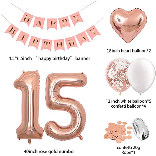 Birthday Decorations Pink Happy Birthday Banner 40inch Rose Gold Number 15 Balloons Rose Gold Confetti Balloons 1" in Diameter Heart Confetti for 15th Birthday Party Supplies Photo Props