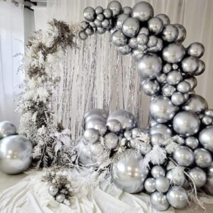 CUTEUP Metallic Silver Balloons Garland - 100 Pcs 18/10/12/5 Inch Silver Balloon Difference Size Silver Qualatex Balloons As Party Decorations for Bachelorette Party Graduation Wedding Baby Shower