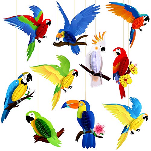 10 Pieces Tropical Birds Honeycomb Paper Cutouts, Parrot Honeycomb, Hawaiian Summer Beach Luau Party Hanging Decorations for Tiki Bar Luau Summer Party Home Classroom Supplies