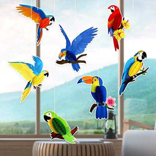 10 Pieces Tropical Birds Honeycomb Paper Cutouts, Parrot Honeycomb, Hawaiian Summer Beach Luau Party Hanging Decorations for Tiki Bar Luau Summer Party Home Classroom Supplies