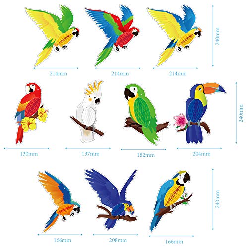 10 Pieces Tropical Birds Honeycomb Paper Cutouts, Parrot Honeycomb, Hawaiian Summer Beach Luau Party Hanging Decorations for Tiki Bar Luau Summer Party Home Classroom Supplies