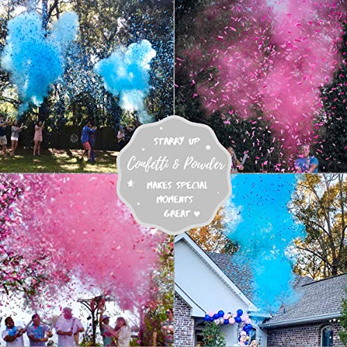 Gender Reveal Confetti Powder Cannon - 2 Blue & 2 Pink Poppers - Gender Reveal Party Supplies - Smoke Powder & Confetti Sticks Cannons - Gender Reveal Stickers 40pcs (20 Girl 20 Boy)