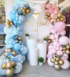 142pcs gender reveal balloon garland kits chrome metallic latex balloons for birthday party celebration wedding gender reveal he or she boy or girl (pink blue gold)
