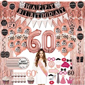 60th birthday decorations for women – (76pack) rose gold party banner, pennant, hanging swirl, birthday balloons, foil backdrops, cupcake topper, plates, photo props, birthday sash for gifts women