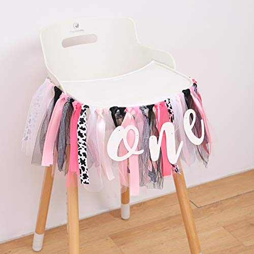 Wahawu Cow Print Birthday High Chair Banner - First Birthday Highchair Banner , Pink Cow Banner for 1st Birthday , Holy Cow Im One Birthday Decorations Girl , Farm One Birthday Decorations