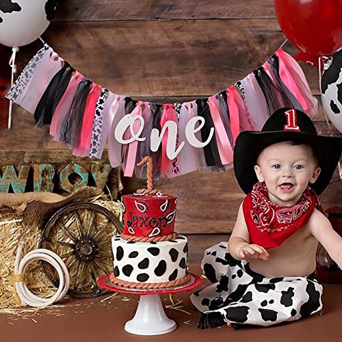 Wahawu Cow Print Birthday High Chair Banner - First Birthday Highchair Banner , Pink Cow Banner for 1st Birthday , Holy Cow Im One Birthday Decorations Girl , Farm One Birthday Decorations