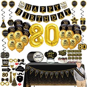 80th birthday decorations for men women – (76pack) black gold party banner, pennant, hanging swirl, birthday balloons, tablecloths, cupcake topper, crown, plates, photo props, sash for gifts