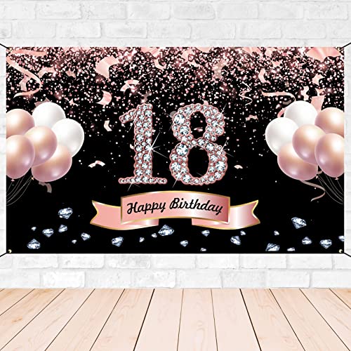 Trgowaul 18th Birthday Decorations for Girls - Rose Gold 18th Birthday Backdrop for her 5.9 X 3.6 Fts 18th Birthday Party Suppiles Photography Supplies Background Happy 18th Birthday Banner