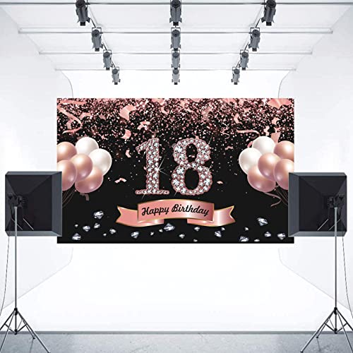 Trgowaul 18th Birthday Decorations for Girls - Rose Gold 18th Birthday Backdrop for her 5.9 X 3.6 Fts 18th Birthday Party Suppiles Photography Supplies Background Happy 18th Birthday Banner