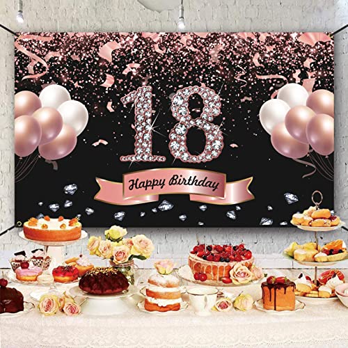 Trgowaul 18th Birthday Decorations for Girls - Rose Gold 18th Birthday Backdrop for her 5.9 X 3.6 Fts 18th Birthday Party Suppiles Photography Supplies Background Happy 18th Birthday Banner